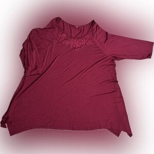 Tunic Length Swing Top Asymmetric Hem Lace 3/4 Raglan Sleeve Rayon Spandex 3X